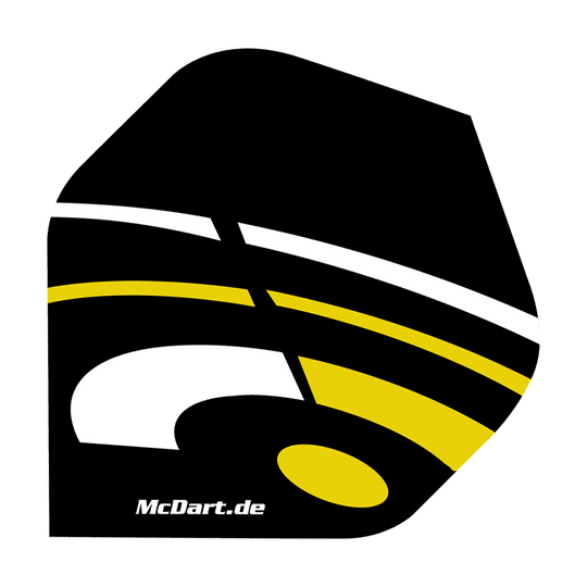 McDart ID Standaardvluchten - Geel Das Bild zeigt ein McDart ID Standard Flight in den Farben Schwarz, Gelb und Weiß. Auf dem Flight ist auch die Webseite "McDart.de" aufgedruckt.