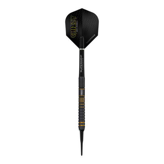 Dieses Bild zeigt einen Harrows Dave Chisnall Chizzy Series 3 Softdart. Der Dartpfeil ist schwarz mit gelben Akzenten und trägt den Schriftzug "CHIZZY" auf dem Flight.