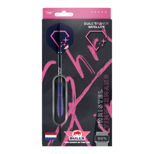 Bulls NL Christel Timmermans Satellite 90 stalen darts 25g Die Bulls NL Christel Timmermans Satellite 90 Steeldarts 25g sind auf dem Bild abgebildet. Es handelt sich um hochwertige Steeldarts für Präzision und Leistung.
