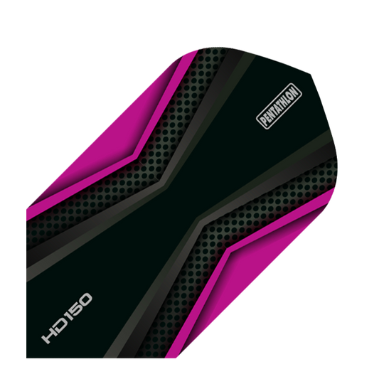 HD-38-HD150-Pentathlon-Magenta-Black-Flights Das Bild zeigt das Produkt "HD 150 Pentathlon Flights Black/Magenta Slim". Es ist ein schlanker Dartflight in Schwarz mit magentafarbenen Akzenten und dem Aufdruck "PENTATHLON" sowie "HD150".