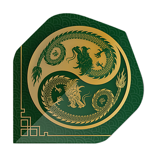 Pentathlon Vluchten Draakgroen Das Bild zeigt einen Pentathlon Dragon 3 Standard Flight in Grün mit einem goldenen Drachenmotiv. Das Design ist detailreich und erinnert an ein asiatisches Kunstwerk.