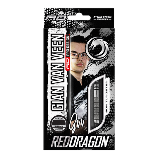 Auf dem Bild ist die Verpackung der "Red Dragon Gian Van Veen Tour Edition Softdarts - 20g" zu sehen. Die Packung zeigt ein Porträt von Gian Van Veen und ein Sichtfenster mit einem Dartpfeil.