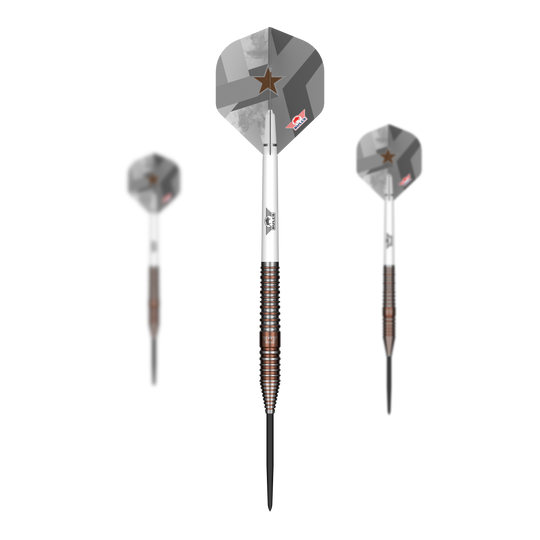 Hier sind Bulls NL Max Hopp E5 Steeldarts als Set dargestellt. Die Pfeile sind speziell für das Steeldartspiel konzipiert.