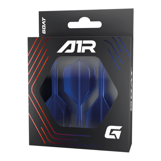 GOAT A1R No6 Flight Shaft System - Blauw Die Abbildung zeigt das Produkt "GOAT A1R No6 Flight-Shaft-System - Blau" in seiner Verpackung. Im Inneren sind blaue Dart-Flights und -Schäfte sichtbar.