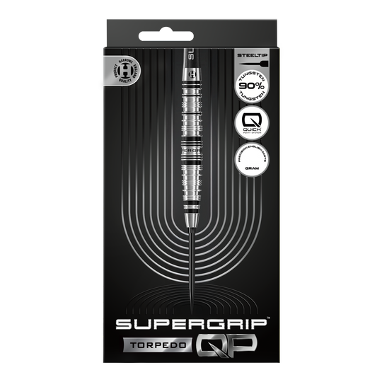 Harrows Supergrip Torpedo Quick Point stalen dartpijlen Hier werden die Harrows Supergrip Torpedo Quick Point Steeldarts dargestellt. Diese Darts sind robust und für hohe Performance beim Spielen geeignet.