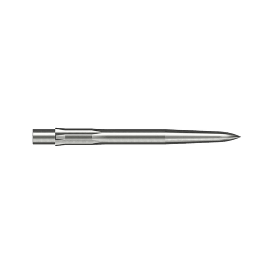 Caliburn System Steel Dart Tips - Glad - Zilver Auf dem Bild ist eine glatte, silberne Stahlspitze für ein Dart zu sehen. Sie ist lang und schmal und misst 28 mm.