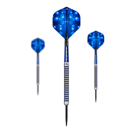 Mission ION Blue Silver stalen darts Hier ist das Set Mission ION Blue Silver Steeldarts dargestellt. Es handelt sich um hochwertige Steeldarts in Blau und Silber.