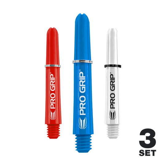 Das Bild zeigt drei Pro Grip Shafts in den Farben Rot, Blau und Weiß. Unten rechts steht "3 Set", was auf ein Set mit drei Stück hinweist.