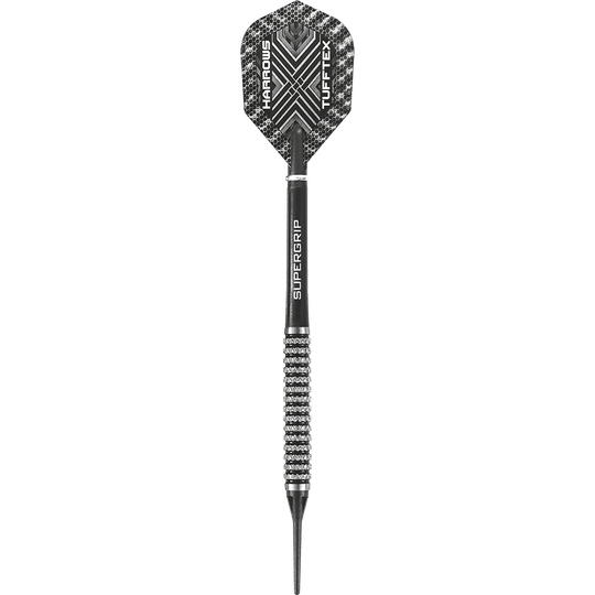 HA06816-Harrows-Nemesis-85-Softdarts-1jNGSHKvs1n2YG Auf dem Bild ist ein schwarzer Softdart mit einer strukturierten Griffoberfläche zu sehen. Auf dem Flight stehen die Wörter "Harrows" und "Tufftex".