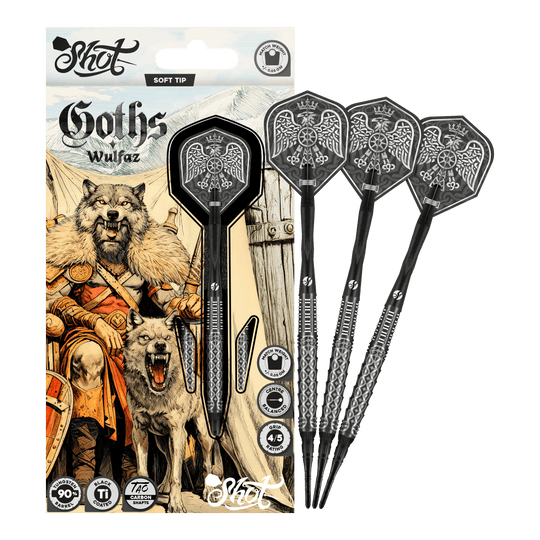 Shot Goths Wulfaz softdarts - 20g Abgebildet sind die Shot Goths Wulfaz Softdarts - 20g in einer Gesamtansicht. Sie sind perfekt für Softdartspieler geeignet.