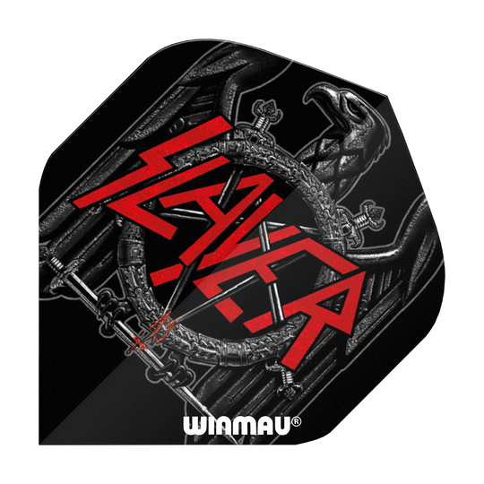 6905-221_Winmau_Rockstar_Legends_Slayer_Black_Eagle_Standard_Flights_1 Das Bild zeigt ein schwarzes Dartflight mit einem stilisierten Adler und dem roten Schriftzug "Slayer" in der Mitte. Unten ist das Logo "Winmau" abgebildet.