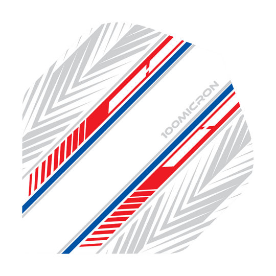 Pentathlon Vluchten wit/rood/blauw Das Bild zeigt ein Dartflight in Weiß mit roten und blauen Streifen. Auf dem Flight steht „100 Micron“ und es hat ein geometrisches Muster im Hintergrund.