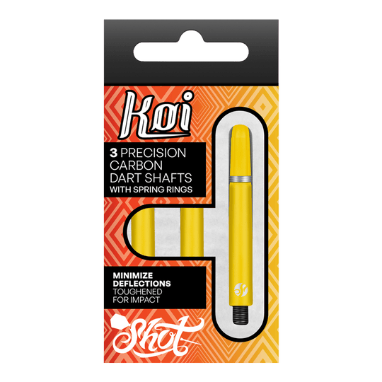 Shot Koi Carbon Shafts - Geel Das Bild zeigt eine Packung mit drei gelben Präzisions-Carbon-Dartschäften der Marke Koi. Die Verpackung betont, dass die Schäfte mit Federringen ausgestattet sind und dazu dienen, Ablenkungen zu minimieren.