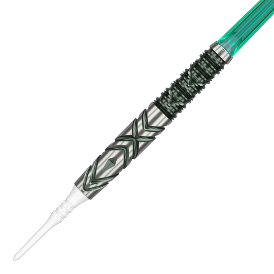 Das Bild zeigt einen Softdartpfeil namens "Target Japan Mikuru Suzuki The Miracle GEN6 Softdarts - 21,5g". Der Pfeil hat ein silbernes, detailliert graviertes Barrel mit grünen und weißen Akzenten.