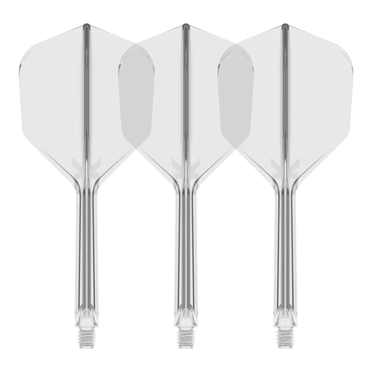 Target K-Flex No6 Vluchtsysteem - Helder Es ist ein Flight-System abgebildet, vermutlich das Target K-Flex No6 Clear mit 33 mm Länge. Das Bild zeigt ein transparentes Dart-Zubehör.