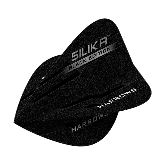 Harrows Silika Black Edition vliegervluchten Das Bild zeigt die Harrows Silika Black-Edition Kite Flights. Die Flights sind schwarz mit silberner Schrift und haben ein modernes Design.