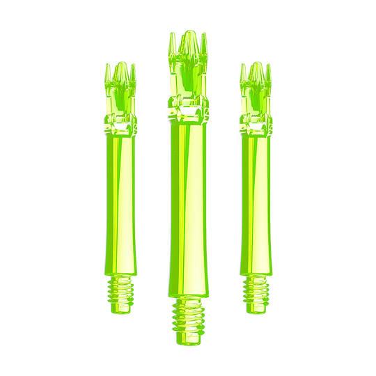 Ein Set aus neongelben Ersatzshafts ist im Bild. Mehrere Shafts sind geordnet angeordnet.