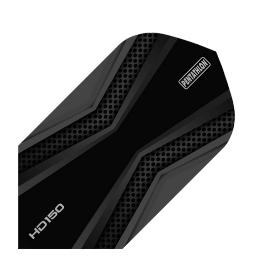 HD-37-HD150-Pentathlon-Grey-Black-Flights Dies ist ein HD 150 Pentathlon Flight in der Farbe Schwarz/Grau und in schlanker Form. Das Design zeigt schwarze und graue Linien mit einem modernen Muster.