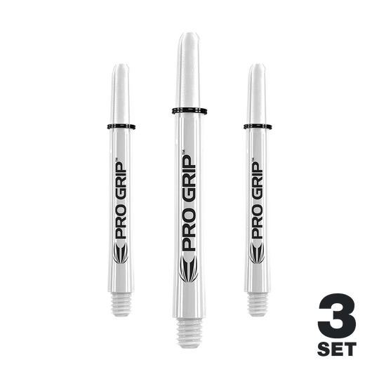 Das Bild zeigt drei weiße Dartschäfte mit der Aufschrift "PRO GRIP". In der unteren rechten Ecke steht "3 SET".