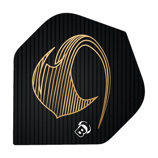 Bulls Metrixx Stingray No2 Standaard Vluchten Das Bild zeigt ein schwarzes Dart Flight mit einem goldenen, stilisierten Stingray-Design. Unten ist ein kleines weißes "B" Logo abgebildet.