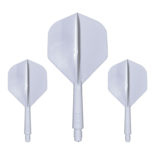 Evolution EVO1 Flight Shaft System - Wit Hier ist das Evolution EVO1 Flight-Shaft-System in Weiß abgebildet. Dieses Produkt ist für den Einsatz im Dartsport bestimmt.