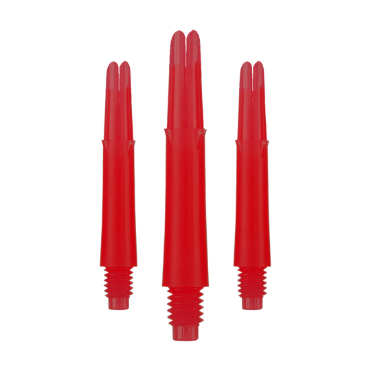 L-L-Style-Shafts Locked Straight - Rood Auf dem Bild sind drei rote, gerade Dartschäfte zu sehen. Sie haben ein Schraubgewinde am unteren Ende und sind jeweils 32 mm lang.