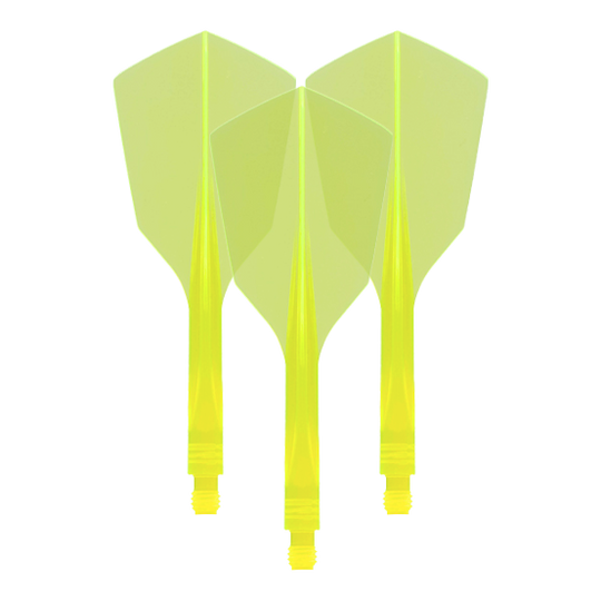 Das Bild zeigt drei neon-gelbe Dartflights mit schmaler Form. Es handelt sich um das Produkt „Condor Axe 120 Flight-System Neon Yellow - Narrow“.