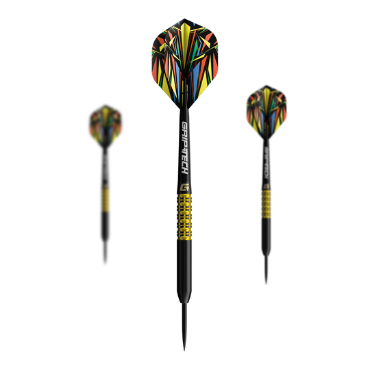GOAT Athlete gele wolfraamstalen dartpijlen Das Bild zeigt einen gelben Tungsten-Steeldart. Das Produkt ist unter dem Namen 'GD7000770 GOAT Athlete Yellow Tungsten Steeldarts 1 Set' bekannt.
