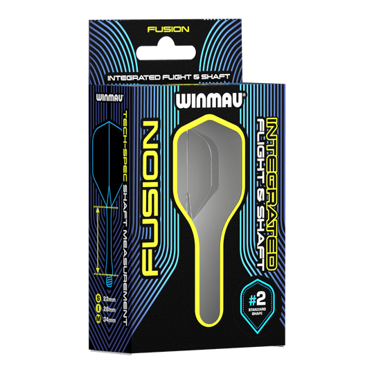 Winmau Fusion Flight Shaft System Standaard Smokey Auf dem Bild ist eine Verpackung des Winmau Fusion Integrated Flight & Shaft Systems zu sehen. Das Produkt hat die Größe 22 mm und ist in der Farbe "Smokey" erhältlich.