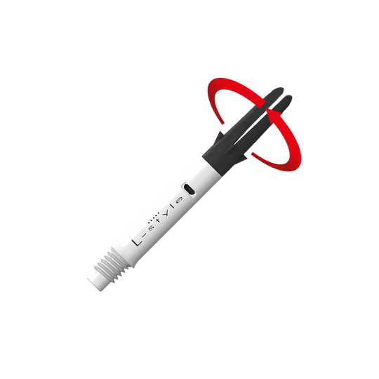 L-L-Style-Shaft Carbon Silent Straight - Wit Das Bild zeigt einen weißen und schwarzen Dartshaft mit der Aufschrift "L-style". Ein roter Pfeil deutet auf eine Drehbewegung an der oberen schwarzen Spitze des Schafts hin.