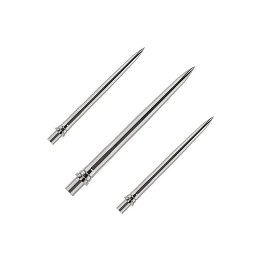 Caliburn EVO dartpunten - Glad - Zilver Das Bild zeigt silberne Dartspitzen mit einer glatten Oberfläche, wahrscheinlich aus Metall. Die Dartspitzen sind 28mm lang und werden als Set präsentiert.