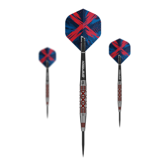 GOAT slaat met stalen dartpijlen Dieses Bild stellt das Set der GOAT Strikes Steeldarts dar. Es zeigt mehrere Darts zusammen als Set.