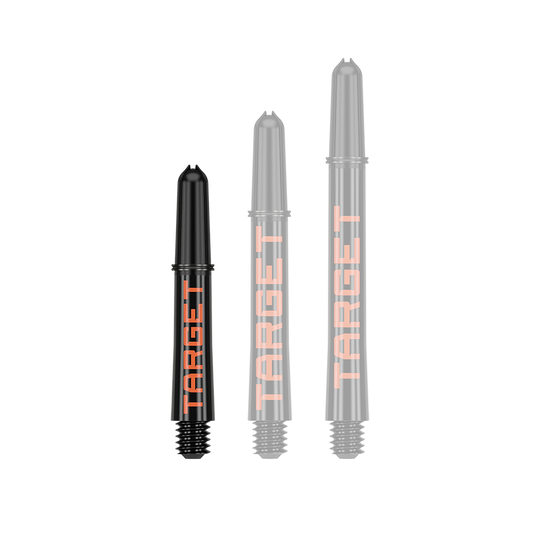 Target Pro Grip TAG Shafts - 3 sets - Zwart Oranje Auf dem Bild sind drei schwarze Dartschäfte in unterschiedlichen Längen zu sehen. Auf jedem Schaft steht in orangefarbener Schrift das Wort "TARGET".