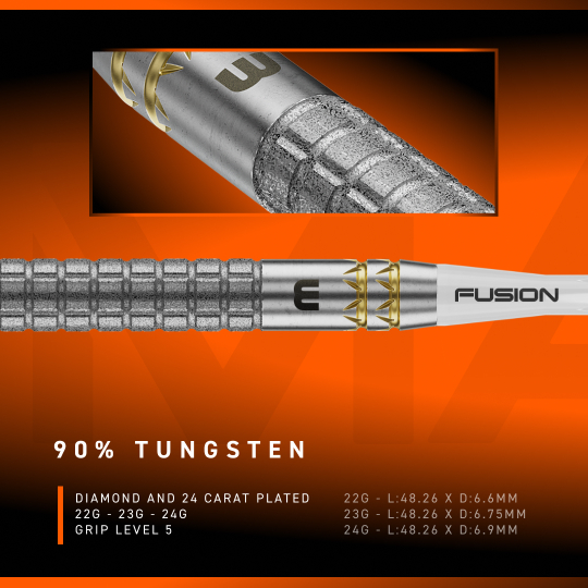 Winmau Gian Van Veen W-MAX Switch Point stalen dartpijlen Die Abbildung zeigt die Winmau Gian Van Veen W-MAX Switch Point Steeldarts. Drei Darts liegen nebeneinander auf einer weißen Fläche.