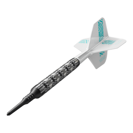 Target Rob Cross 95K Swiss Point Zachte Darts - 18g Auf dem Bild ist ein Target Rob Cross 95K Swiss Point Softdart mit 18g zu sehen. Der Dart hat einen strukturierten silbernen Barrel, eine schwarze Spitze und weiße Flights mit türkisfarbenen Akzenten.