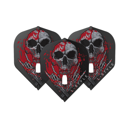 Die Abbildung zeigt drei schwarze Dart-Flights mit einem auffälligen Totenkopf-Design, das von roten Farbspritzern umgeben ist. Am unteren Rand steht der Schriftzug „L-STYLE“.