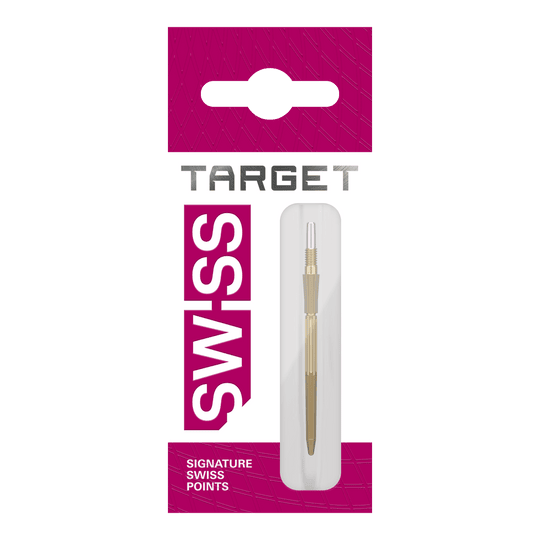 Target Elysian Archetype 43 Swiss Point stalen dartpijlpunten - Goud Abgebildet sind drei goldene Dartspitzen. Diese Dartspitzen sind Target Elysian Archetype 43 SwissPoint, 35 mm.