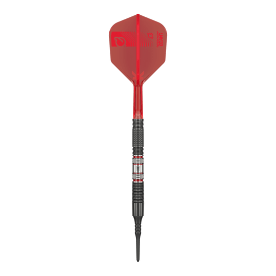 Target Gabriel Clemens 95K zachte darts - 19g Das Bild zeigt einen Softdartpfeil des Modells „Target Gabriel Clemens 95K Softdarts - 19g“. Der Pfeil hat eine rote Flight, einen schwarzen Griffbereich und eine schwarze Spitze.