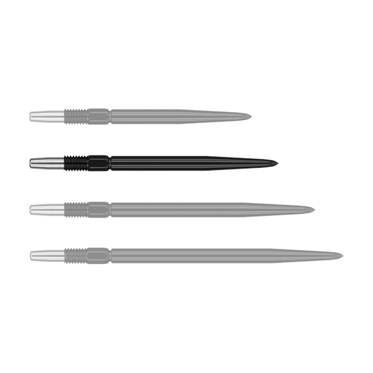 Target Swiss Point Black dartpunten Das Bild zeigt vier schwarze Dartspitzen, die nebeneinander liegen. Sie haben einen silbernen metallischen Ansatz und sind unterschiedlich lang.