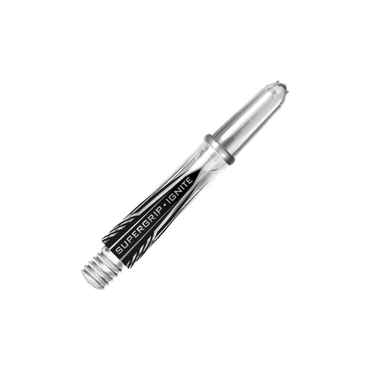 Das Bild zeigt einen klaren Harrows Supergrip Ignite Shaft für Darts. Auf dem Schaft steht der Schriftzug "SUPERGRIP IGNITE".