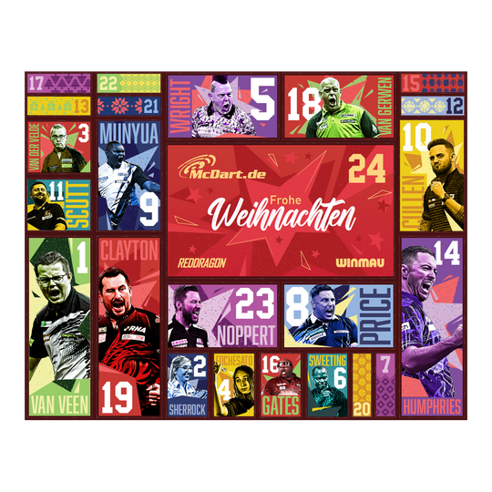 Der McDart Steel-Darts Adventskalender 2026 ist auf diesem Bild zu sehen. Die Verpackung zeigt attraktive Darts-Motive und weihnachtliches Design.