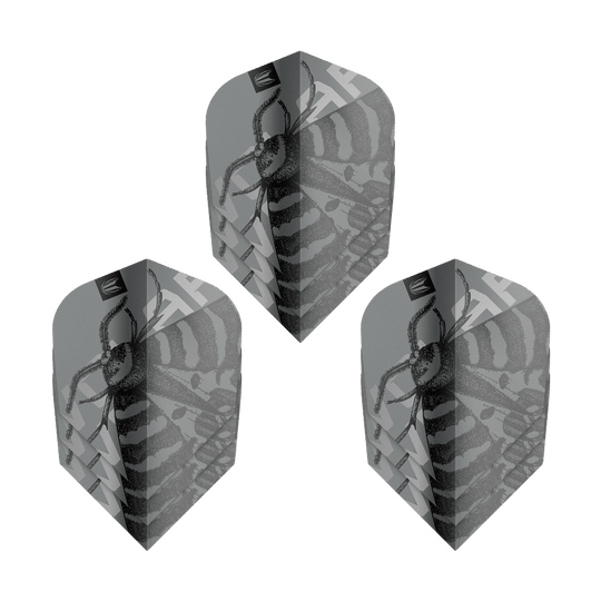 Target Pro Ultra Volar No6-vluchten - 3 sets Das Bild zeigt drei Sets von Target Pro Ultra Volar No6 Flights. Die Flights sind grau mit einem schwarzen Insektenmuster gestaltet.