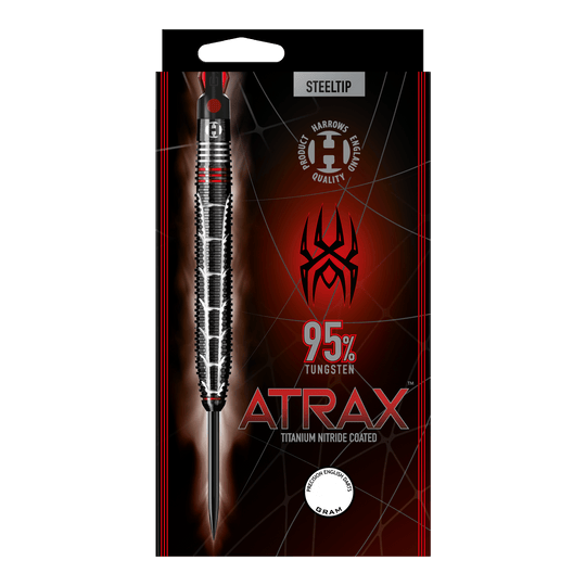 Harrows Atrax Steeldarts Auf dem Bild ist eine Verpackung für Steeldarts der Marke Harrows zu sehen. Die Darts bestehen zu 95% aus Tungsten und sind mit Titan-Nitrid beschichtet.