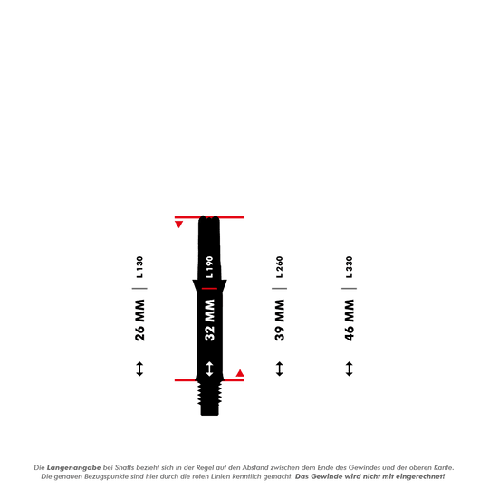 L-L-Style-Shafts Silent Straight - Zwart Das Bild zeigt vier unterschiedlich lange Dartschäfte mit den Längen 26 mm, 32 mm, 39 mm und 46 mm, die jeweils mit roten Linien markiert sind. Darunter steht eine Erklärung, dass die angegebene Länge jeweils ohne das Gewinde gemessen wird.