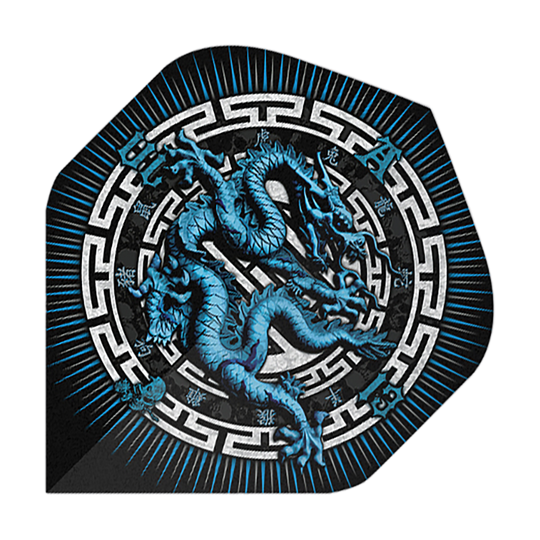Das Bild zeigt das Produkt "Alchemy Year Of The Dragon No2 Standard Flights". Auf dem Flight ist ein blauer Drache in einem dekorativen, kreisförmigen Muster abgebildet.
