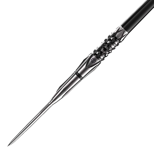 Das Bild zeigt einen Caliburn Sword S4 Steeldart. Der Dartpfeil hat ein elegantes Metall-Design mit markantem Griffmuster.