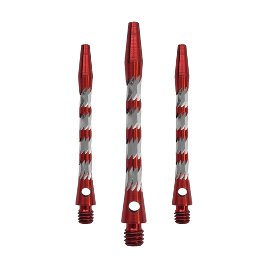 Bulls NL Minor Aluminium Shafts in Rot, 46 mm lang. Das Bild zeigt ein Set roter Aluminiumschäfte für Dartpfeile.