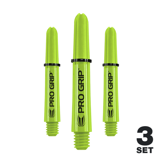 Target Pro Grip Shafts - 3 sets - Limoengroen Das Bild zeigt drei limegrüne Pro Grip Shafts für Dartpfeile. Unten rechts steht "3 Set", was anzeigt, dass es sich um ein Set mit drei Stück handelt.