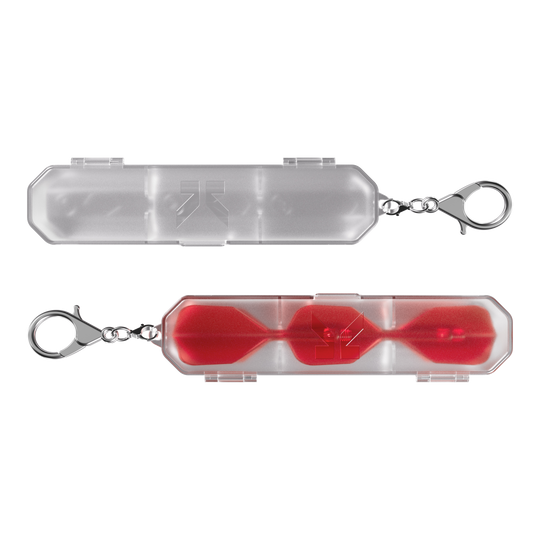 Target K-Flex K-Case Flight Box Das Bild zeigt zwei Target K-Flex K-Case Flightboxen mit transparenter Hülle. Eine Box enthält rote Dartflights, die durch das Kunststoffgehäuse sichtbar sind.