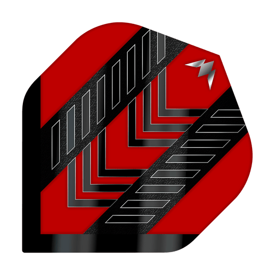 Mission Solo Rogue No2 Standaardvluchten Das Bild zeigt das Produkt "Mission Solo Rogue No2 Standard Flights". Das Flight ist rot mit schwarzen und silbernen Mustern und einem kleinen silbernen Symbol in der Ecke.